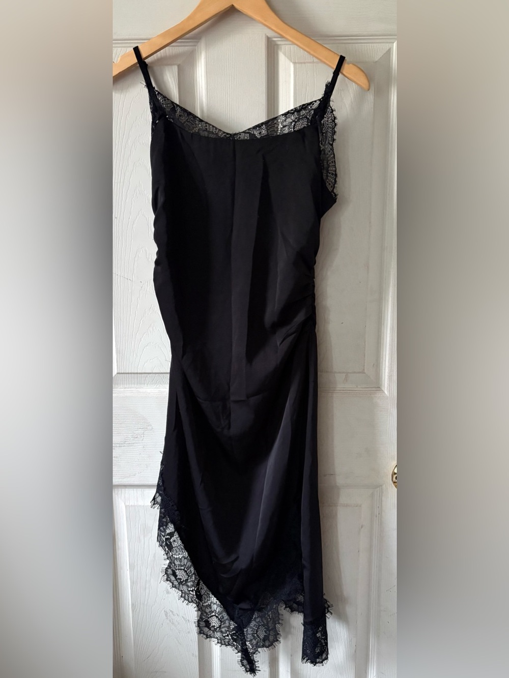 Cider Black Satin Midi Dress with Lace Trim